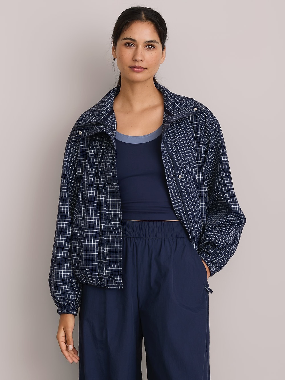 Women's Hooded Windowpane Utility Jacket - Navy by Lou & Grey